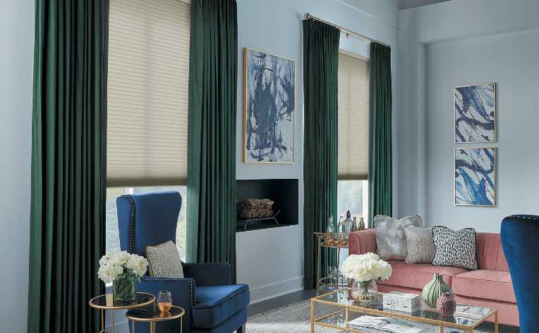 green velvet drapes in moody drama living room